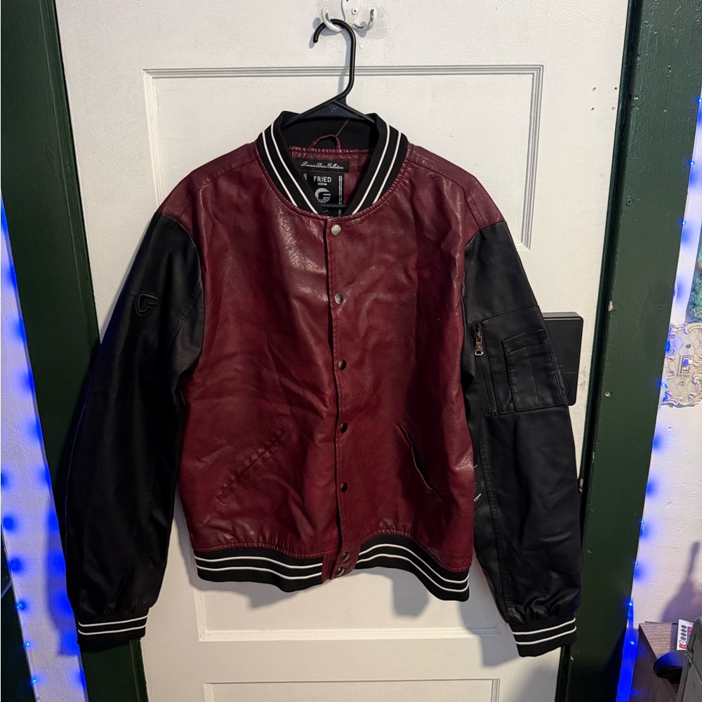 FRIED DENIM Leather Varsity Jacket in Burgundy and Black Mens XL